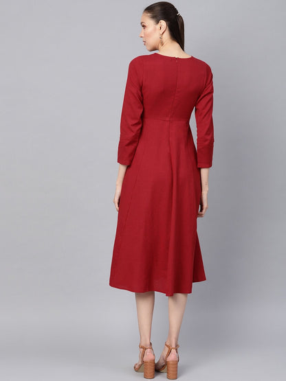 Women's Maroon Front Embroidered Maxi