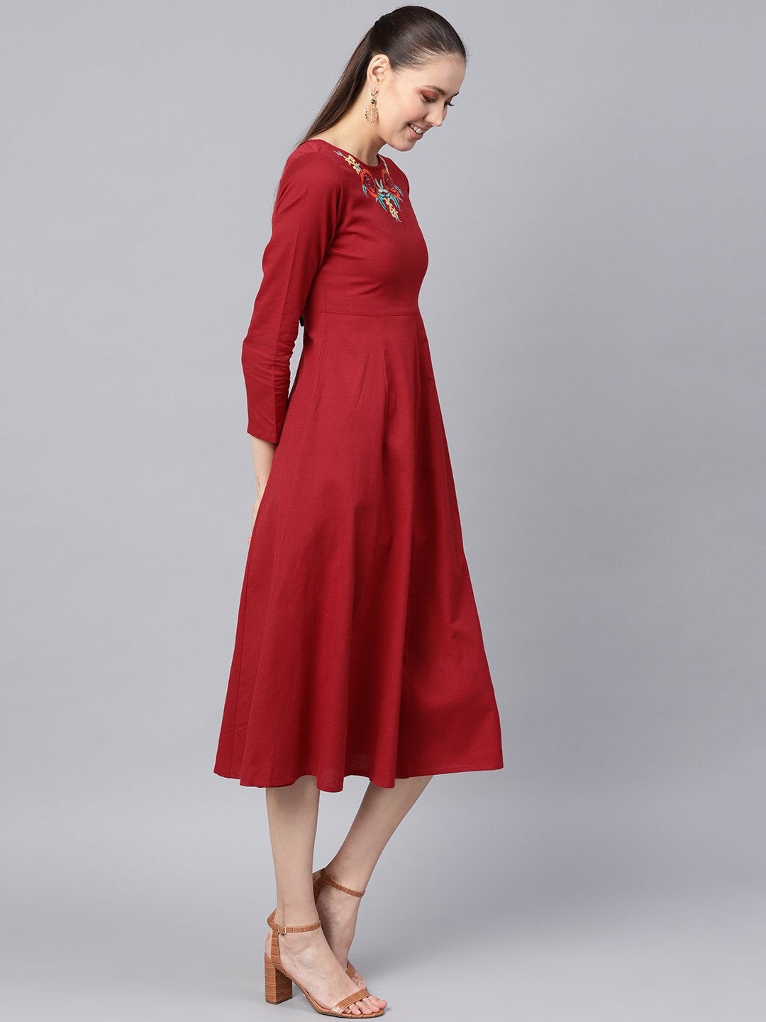 Women's Maroon Front Embroidered Maxi