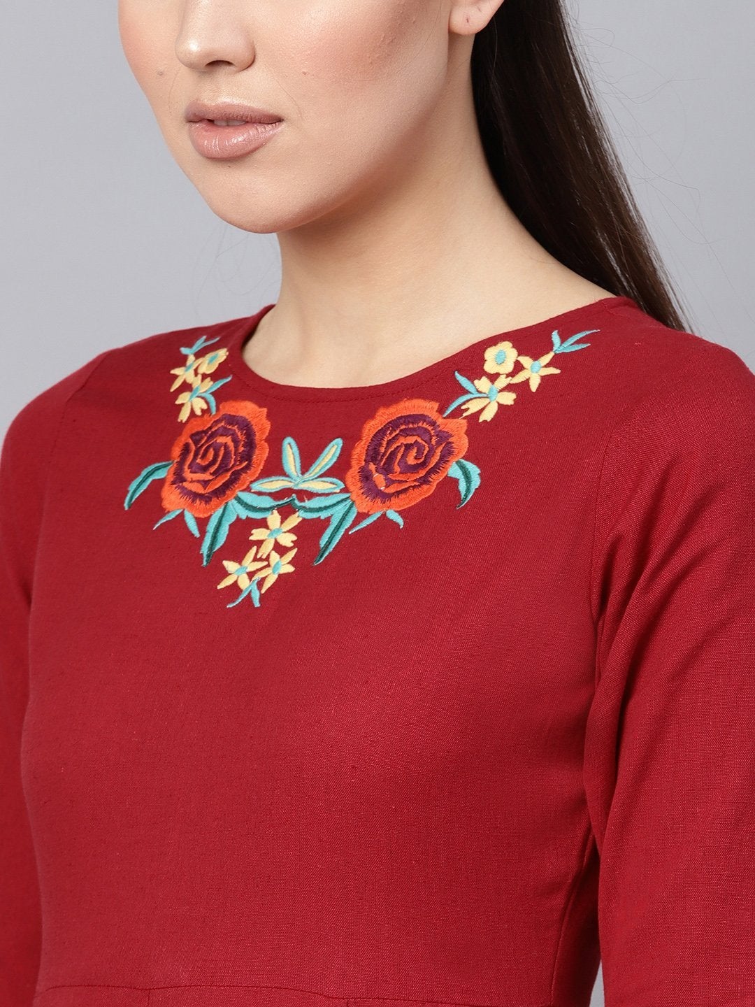 Women's Maroon Front Embroidered Maxi
