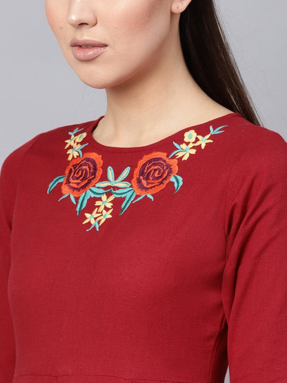 Women's Maroon Front Embroidered Maxi