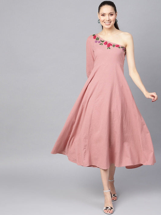 Women's Pink Embroidered One Shoulder Midi