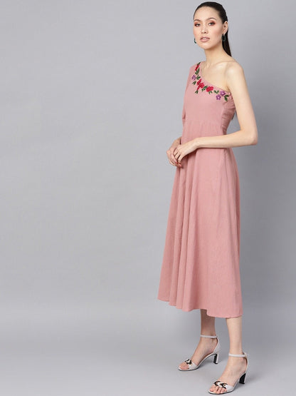Women's Pink Embroidered One Shoulder Midi