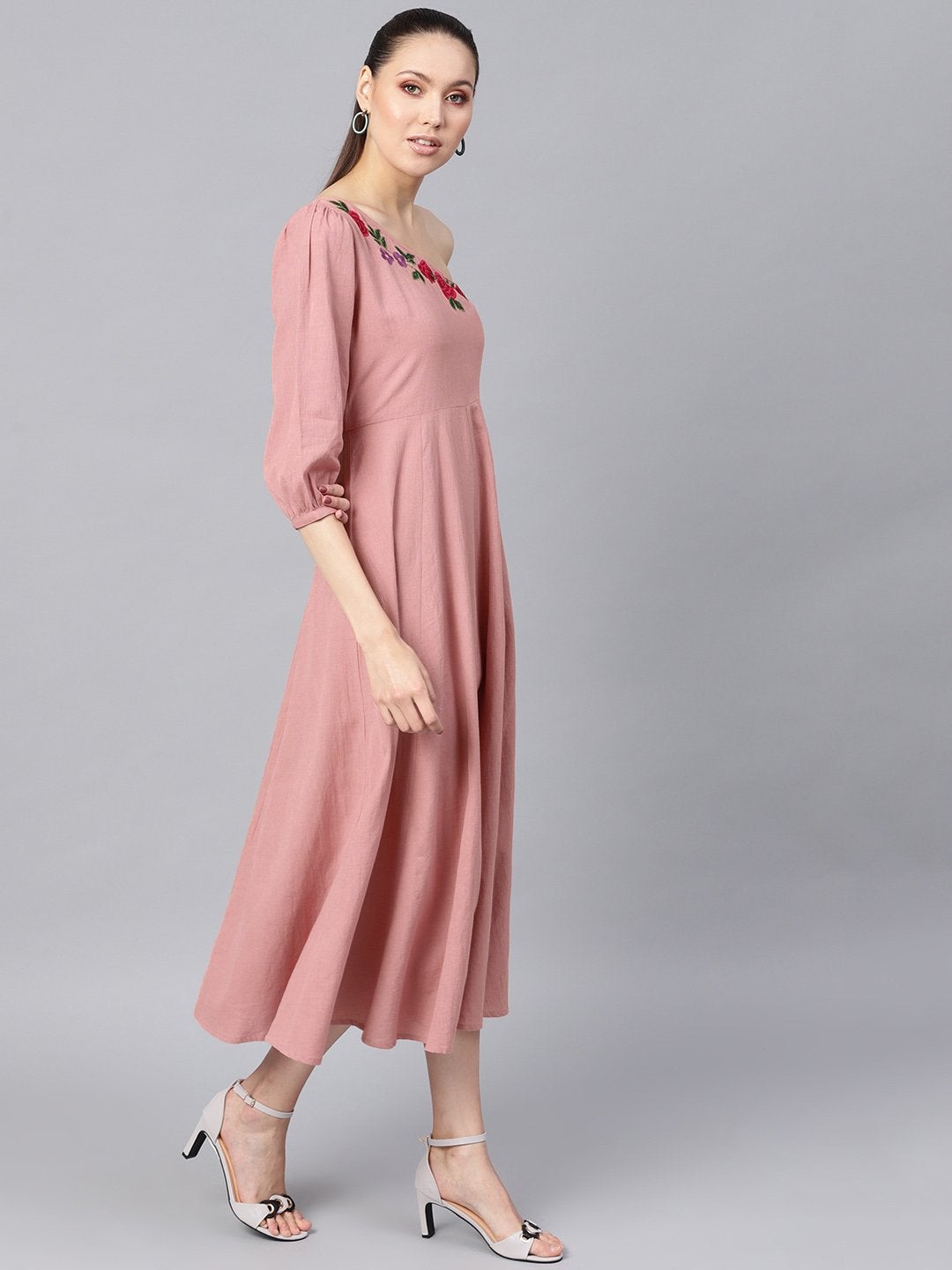Women's Pink Embroidered One Shoulder Midi