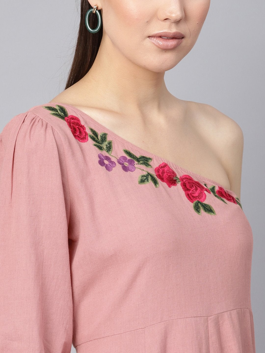 Women's Pink Embroidered One Shoulder Midi