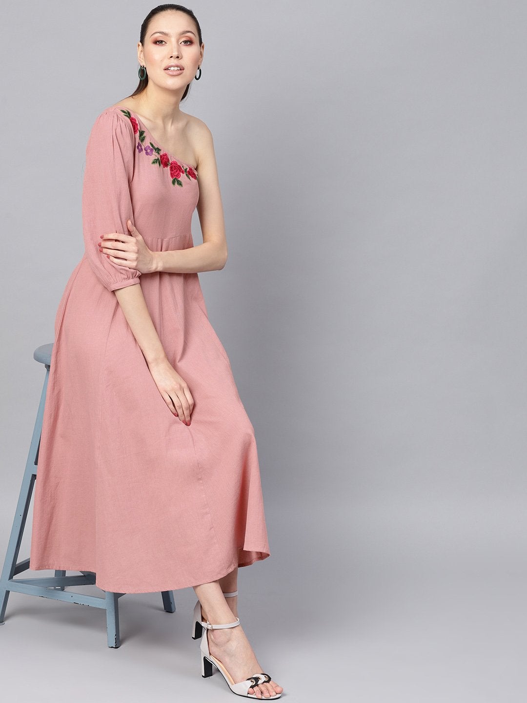 Women's Pink Embroidered One Shoulder Midi