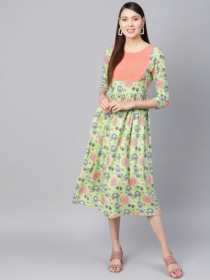 Women's Green Floral Gathered Yoke Dress