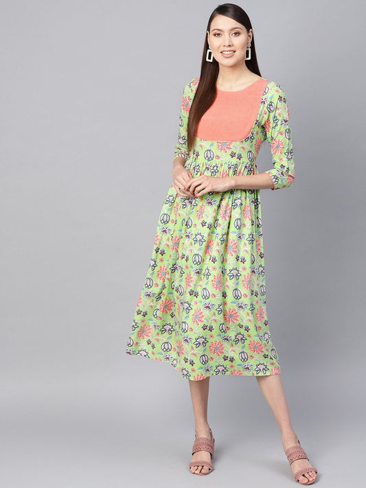 Women's Green Floral Gathered Yoke Dress