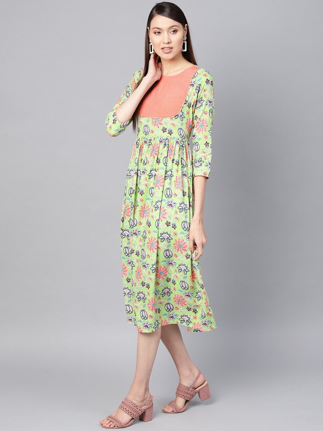 Women's Green Floral Gathered Yoke Dress