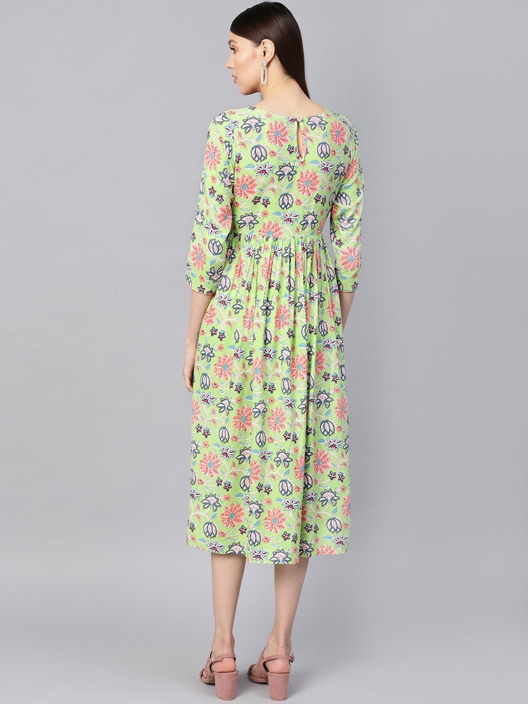 Women's Green Floral Gathered Yoke Dress