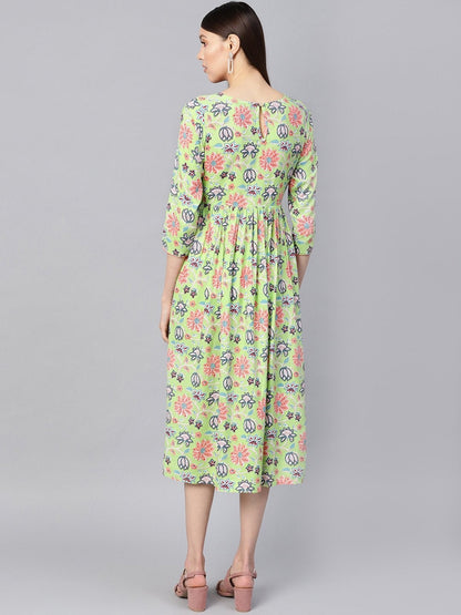 Women's Green Floral Gathered Yoke Dress