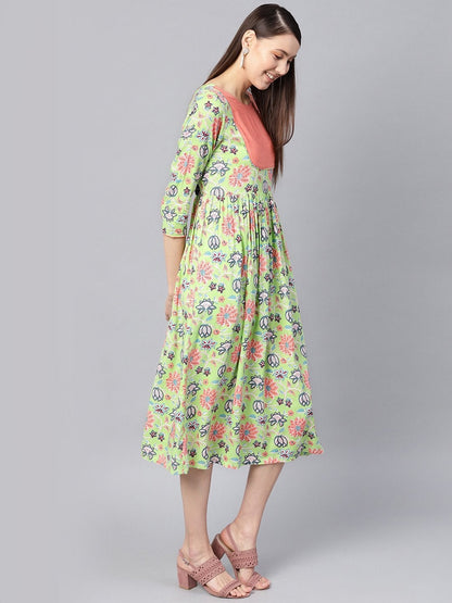 Women's Green Floral Gathered Yoke Dress