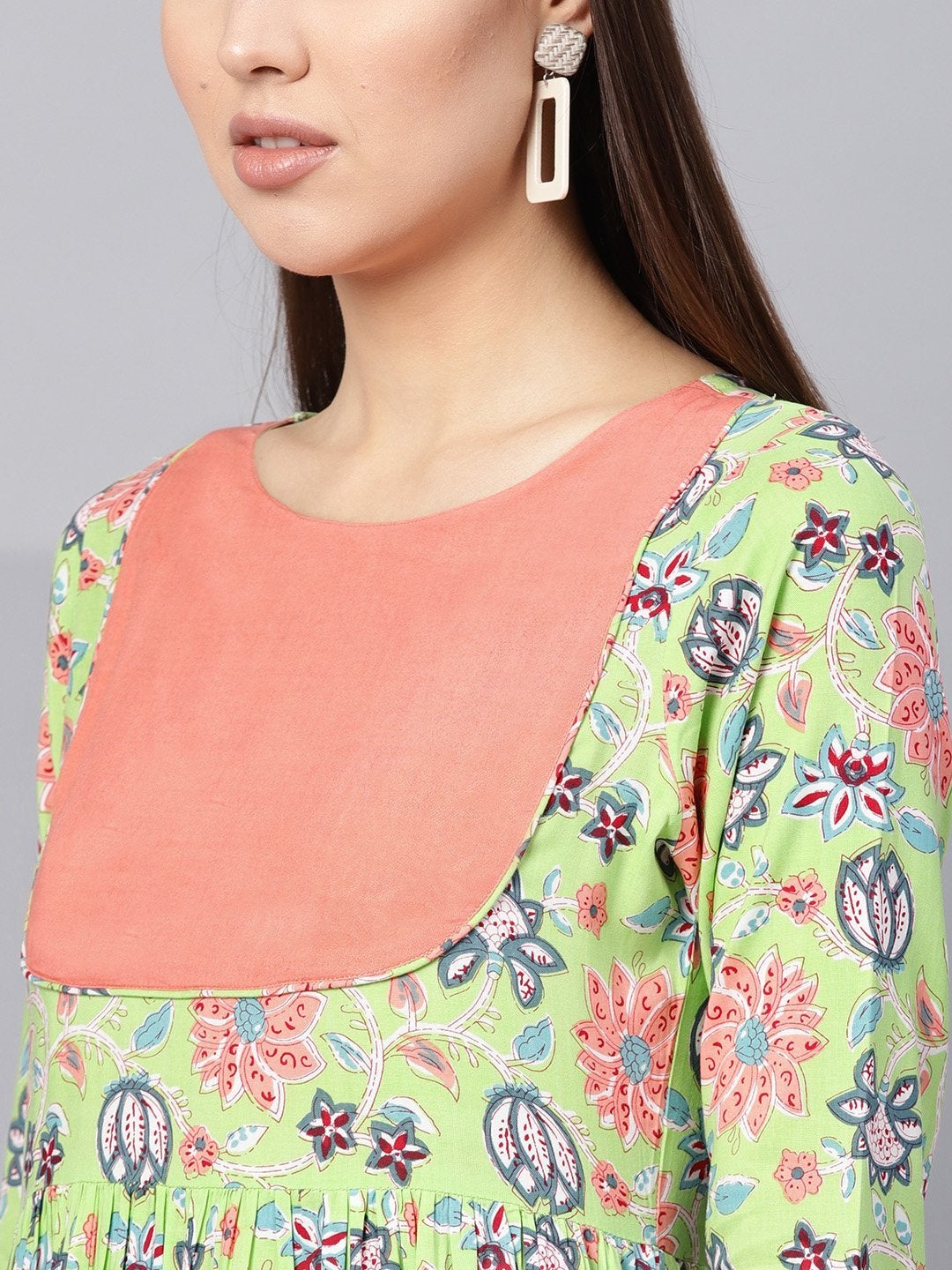 Women's Green Floral Gathered Yoke Dress