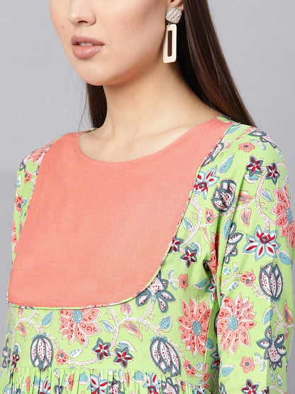 Women's Green Floral Gathered Yoke Dress