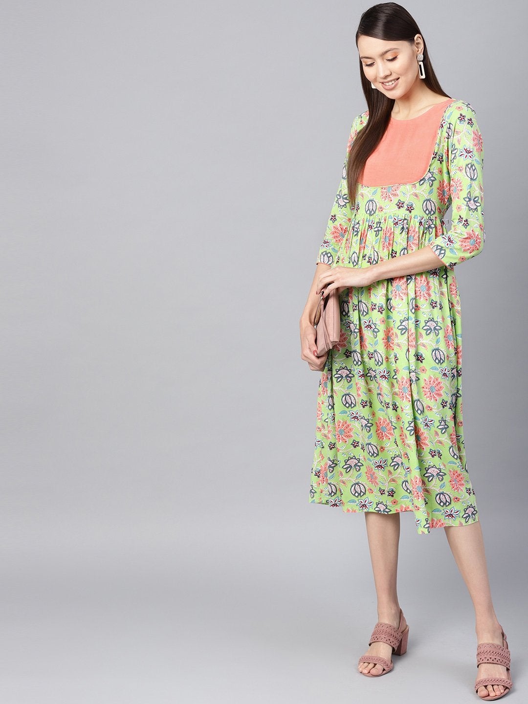 Women's Green Floral Gathered Yoke Dress