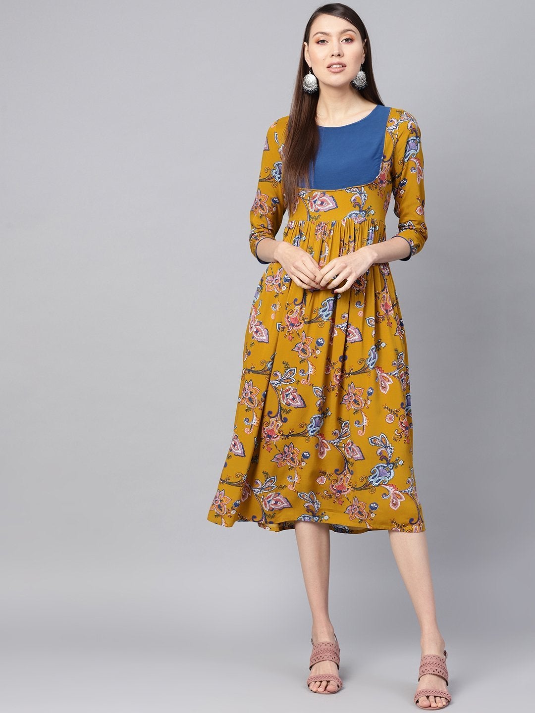 Women's Mustard Paisley Gathered Yoke Dress