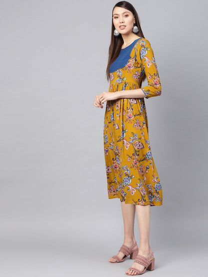 Women's Mustard Paisley Gathered Yoke Dress