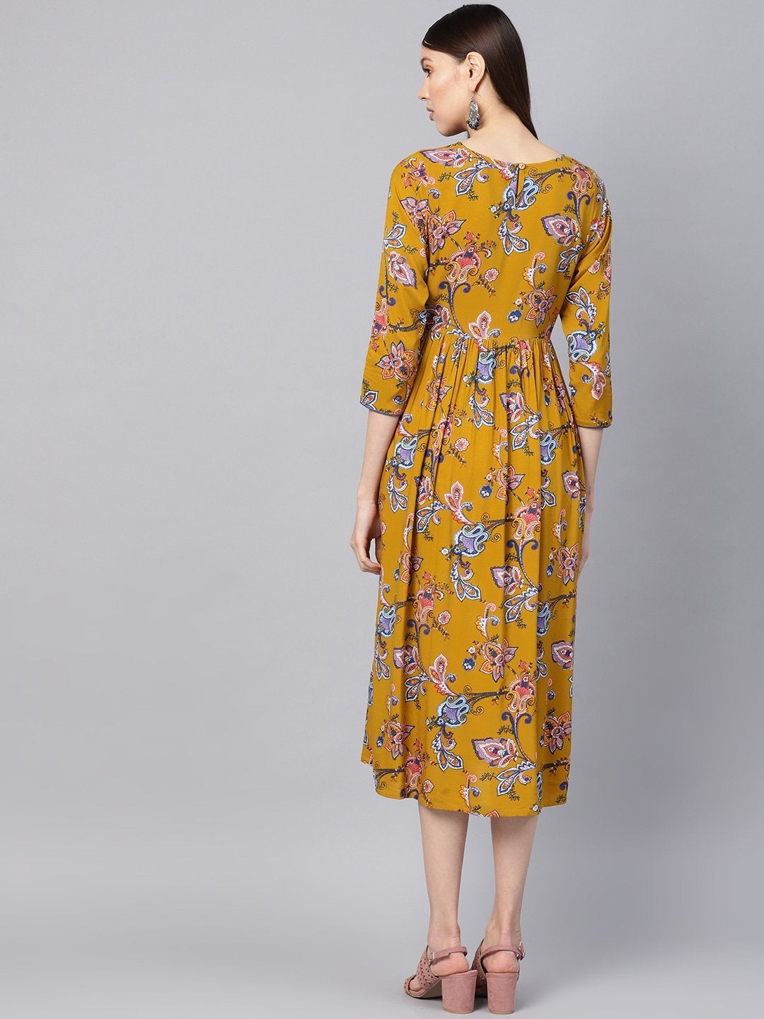 Women's Mustard Paisley Gathered Yoke Dress