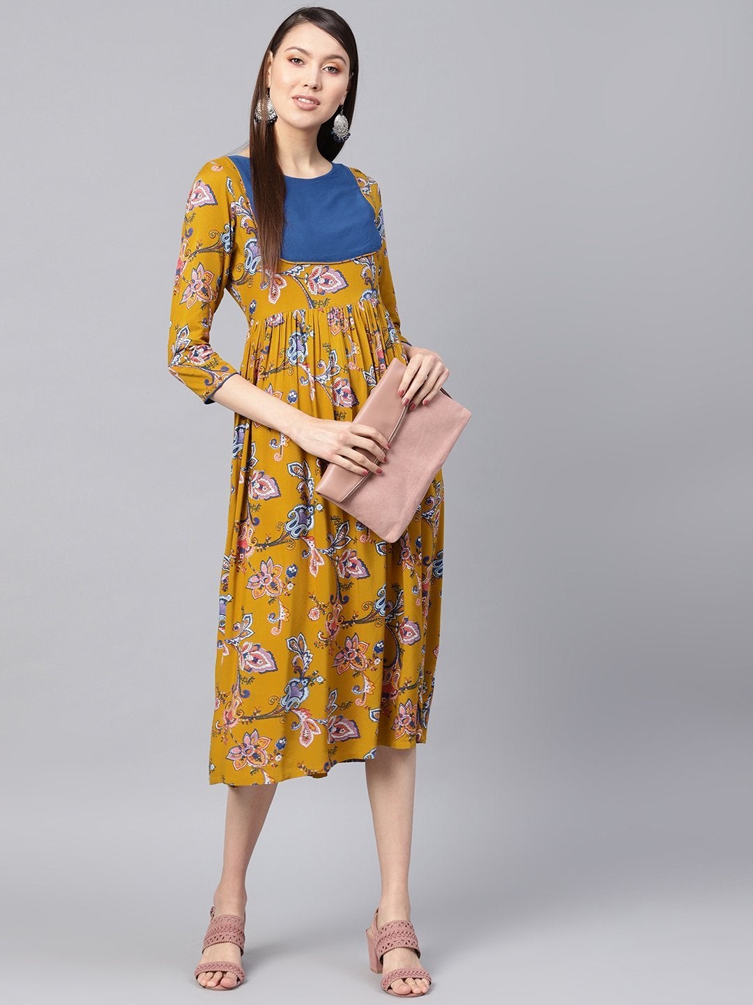 Women's Mustard Paisley Gathered Yoke Dress