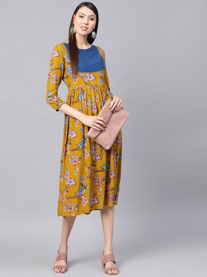 Women's Mustard Paisley Gathered Yoke Dress