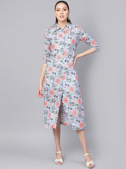 Women's Blue Floral Collared Shirt Maxi