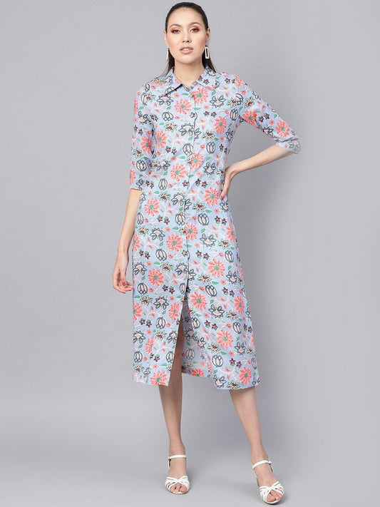 Women's Blue Floral Collared Shirt Maxi