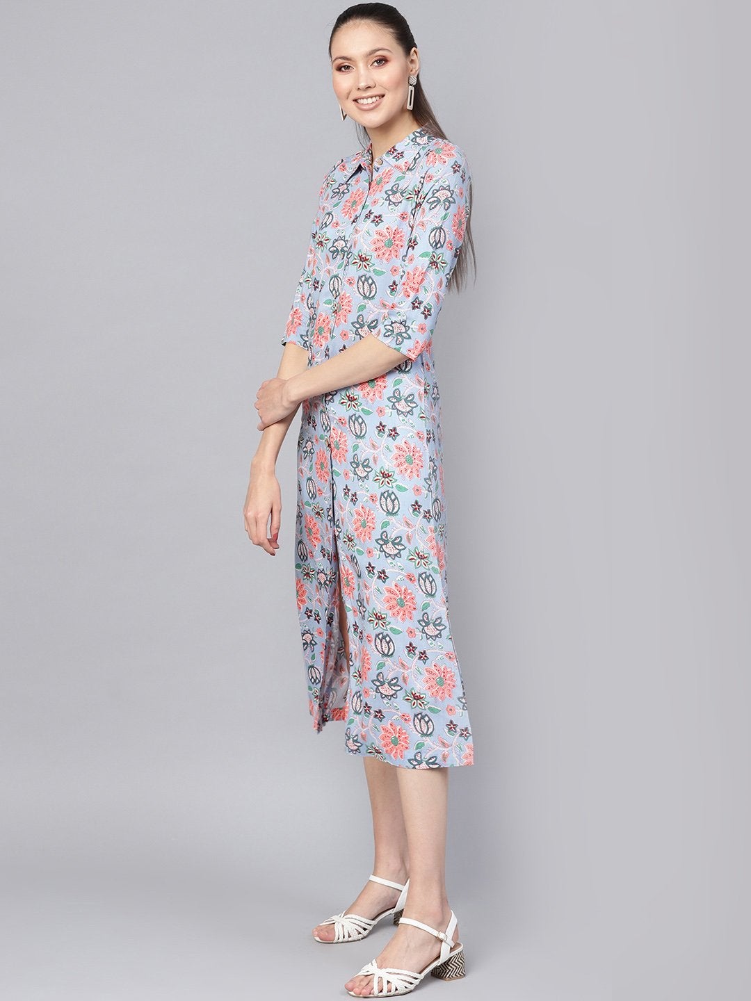 Women's Blue Floral Collared Shirt Maxi