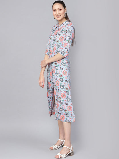 Women's Blue Floral Collared Shirt Maxi