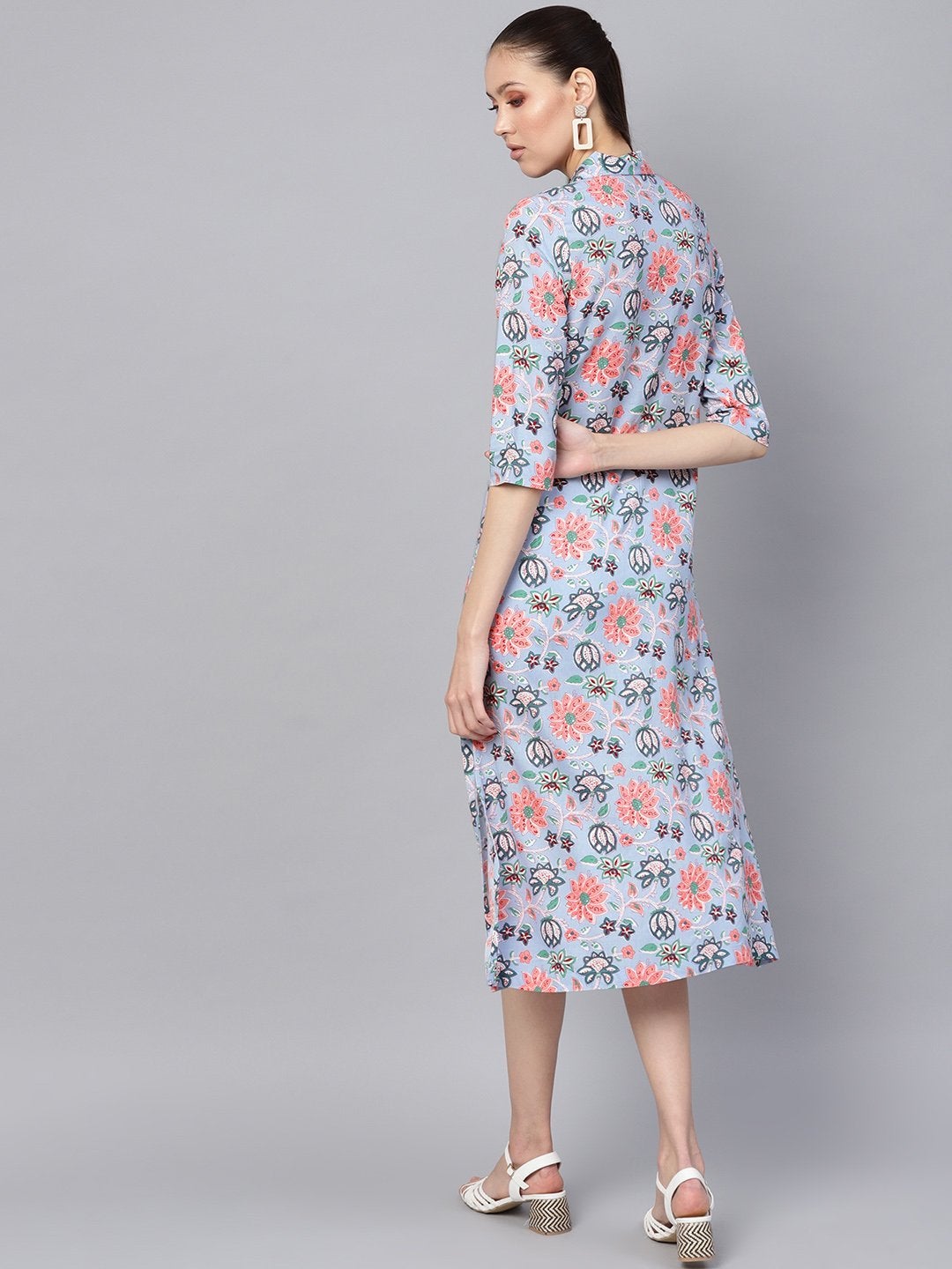 Women's Blue Floral Collared Shirt Maxi