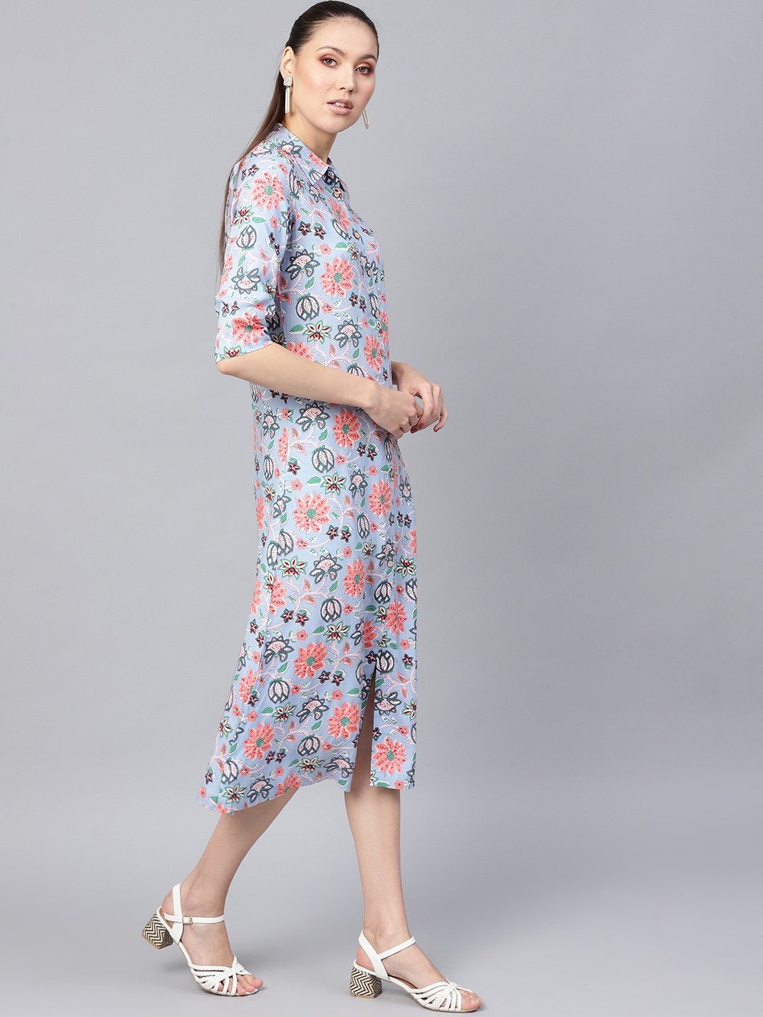 Women's Blue Floral Collared Shirt Maxi