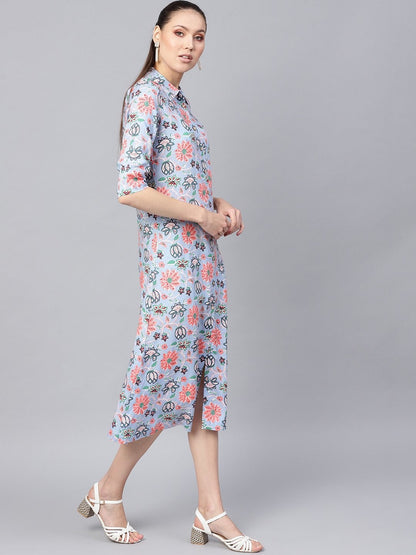 Women's Blue Floral Collared Shirt Maxi