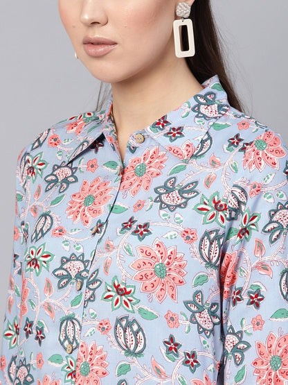 Women's Blue Floral Collared Shirt Maxi