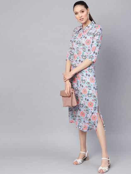 Women's Blue Floral Collared Shirt Maxi