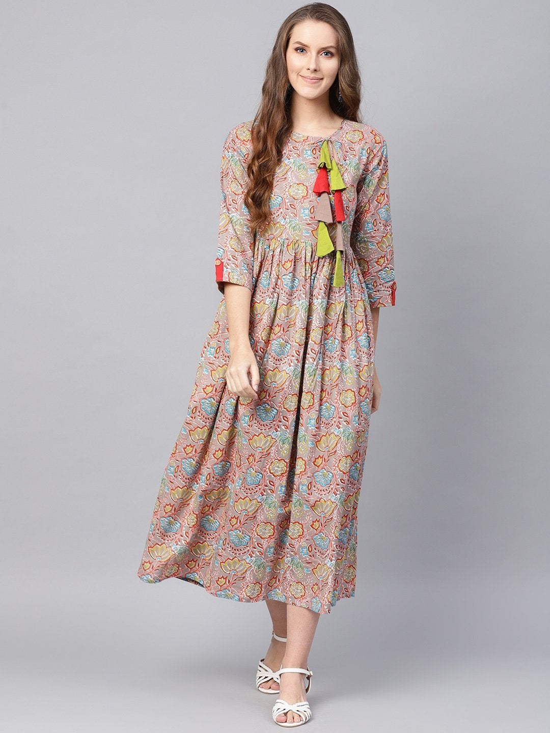 Women's Grey Orange Floral Gathered Maxi