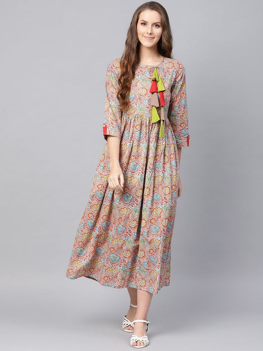 Women's Grey Orange Floral Gathered Maxi
