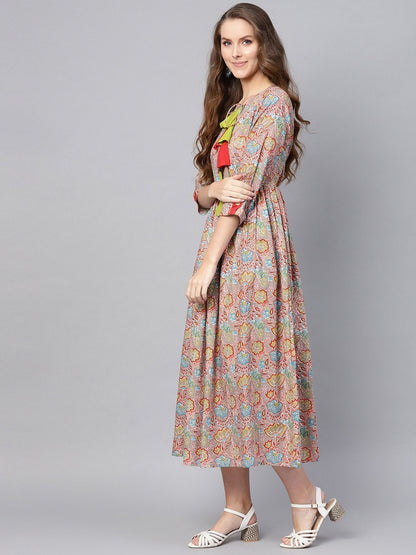 Women's Grey Orange Floral Gathered Maxi