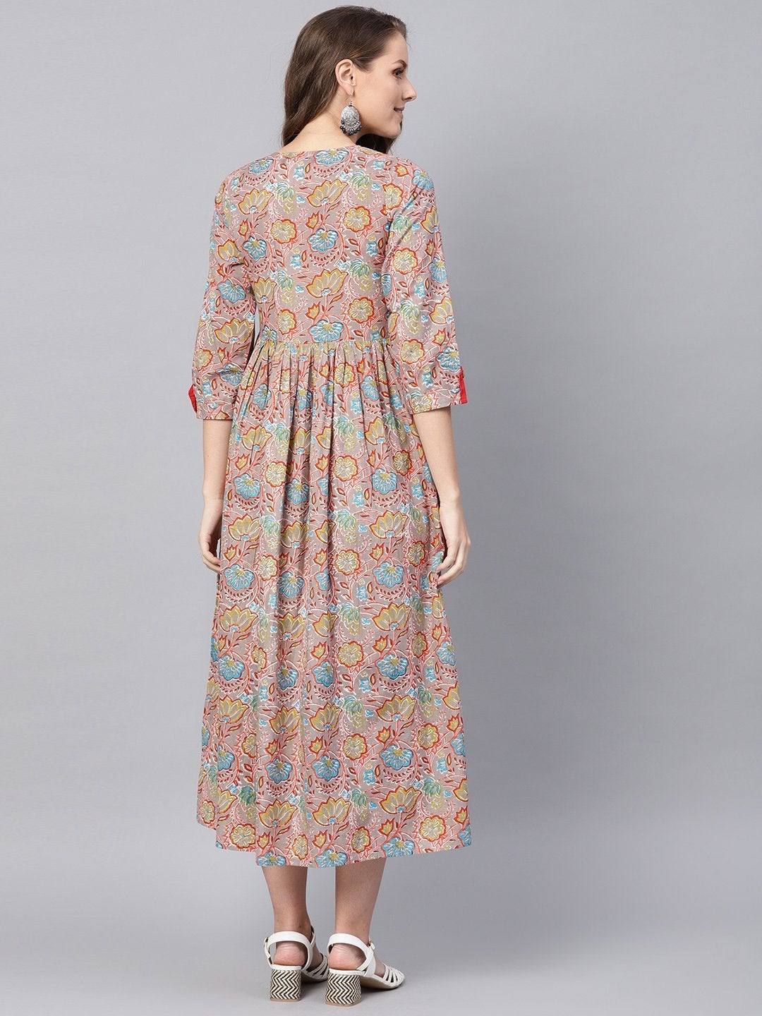 Women's Grey Orange Floral Gathered Maxi