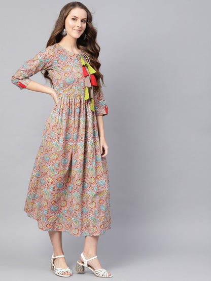 Women's Grey Orange Floral Gathered Maxi