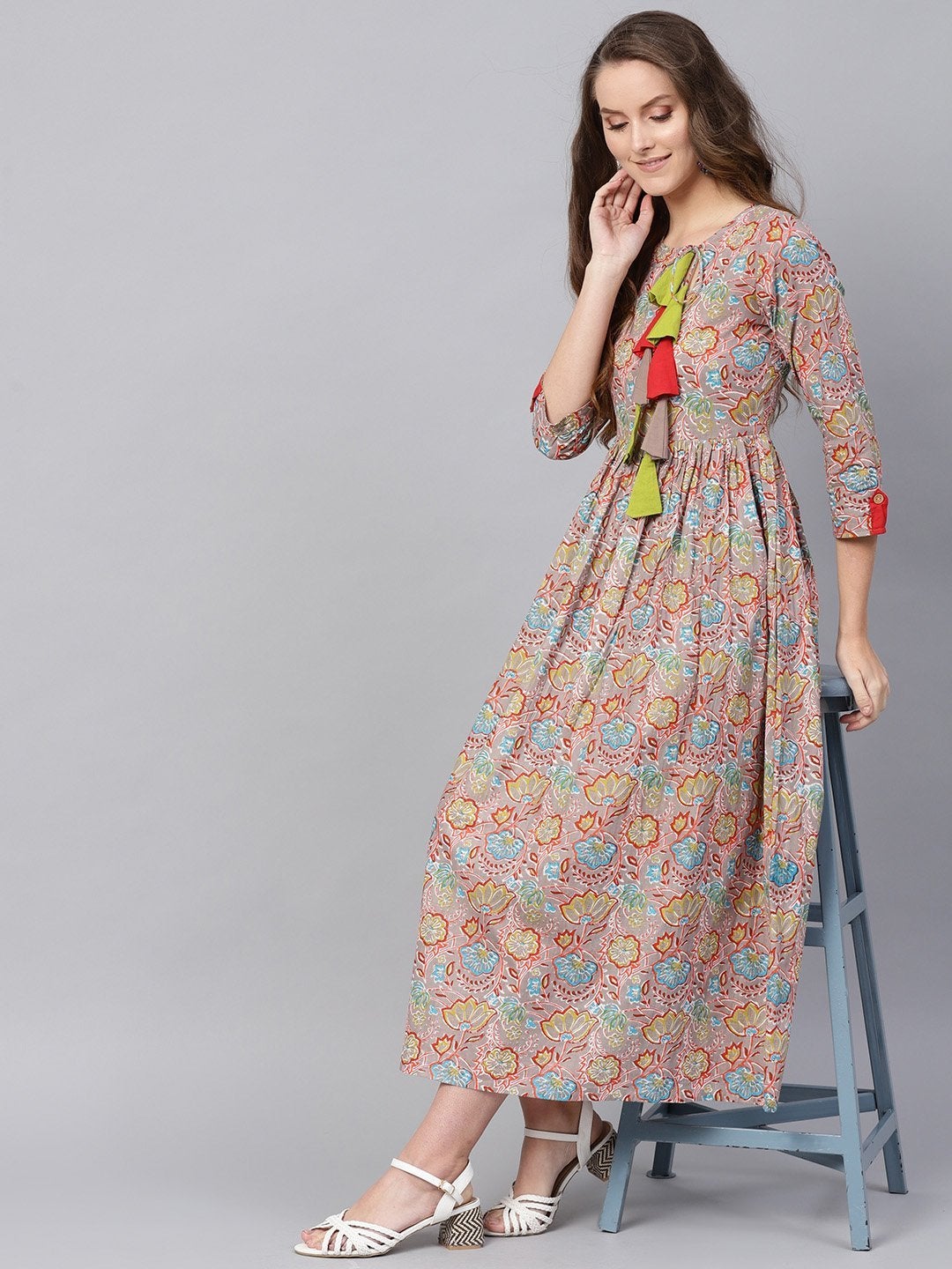 Women's Grey Orange Floral Gathered Maxi