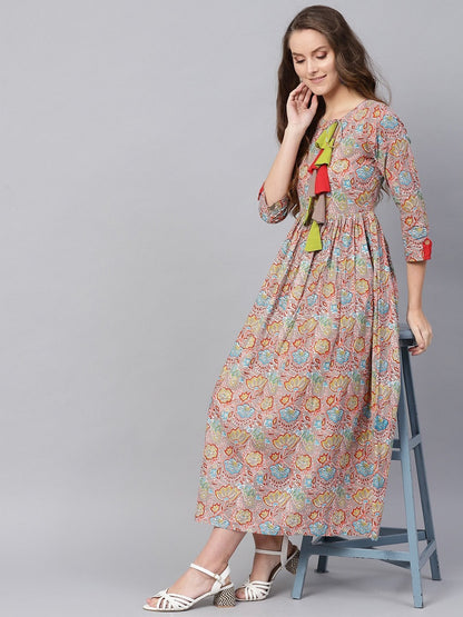Women's Grey Orange Floral Gathered Maxi
