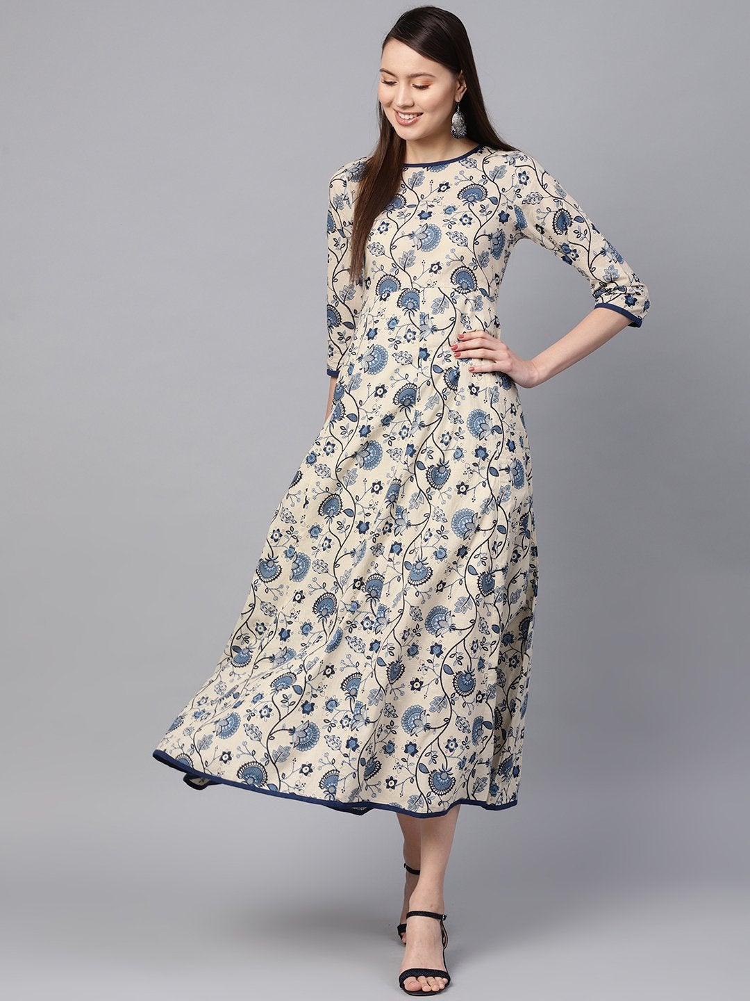 Women's Navy Paisley Flared Midi Dress