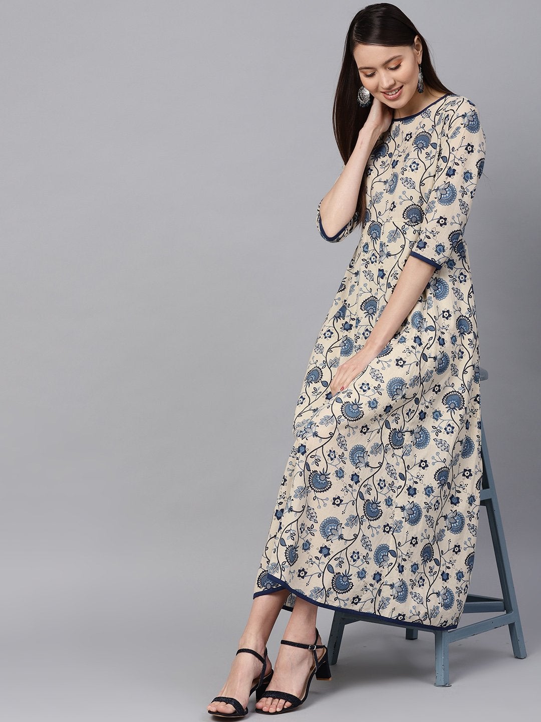 Women's Navy Paisley Flared Midi Dress