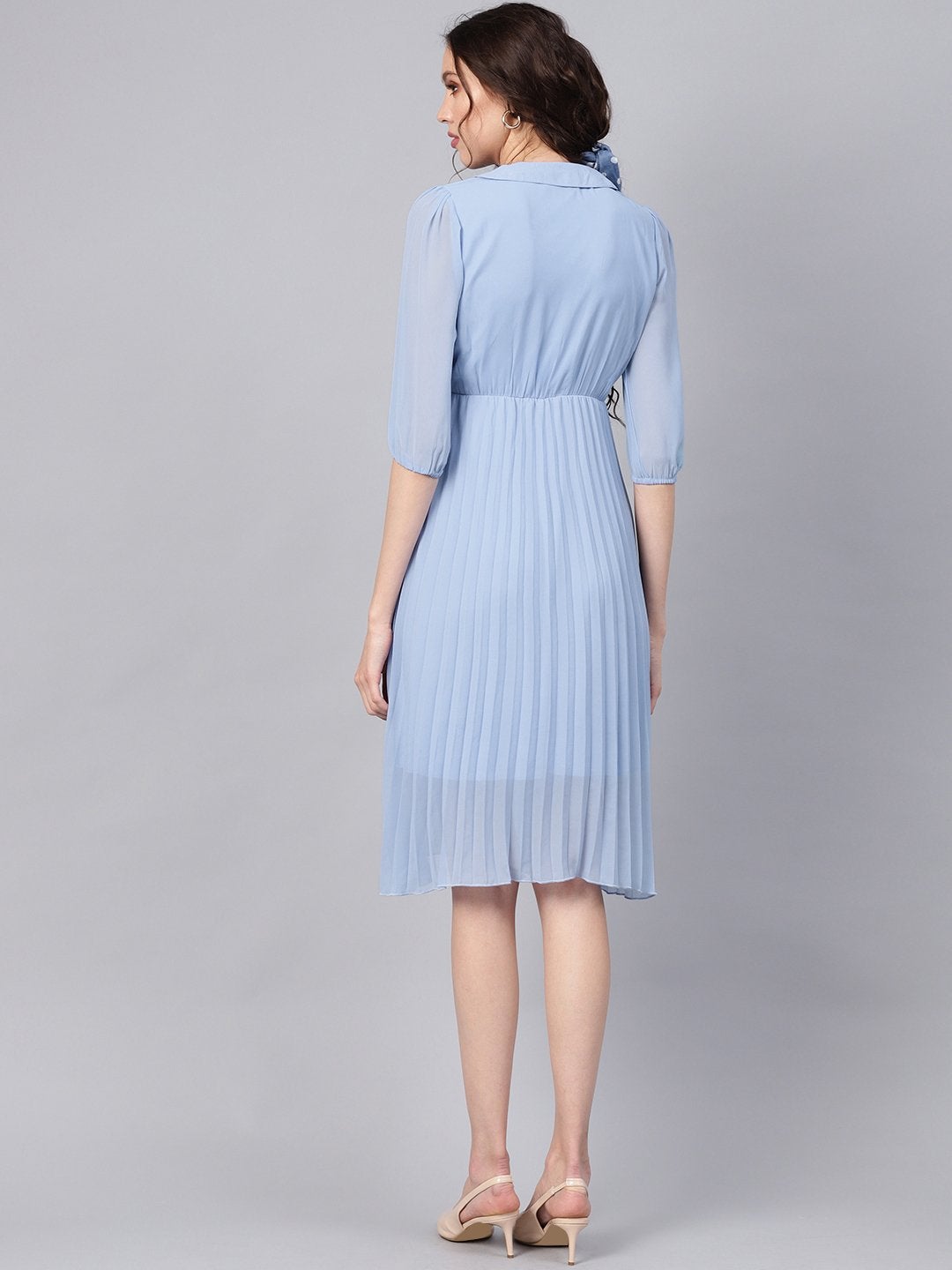 Women's Blue Peterpan Pleated Belted Midi Dress