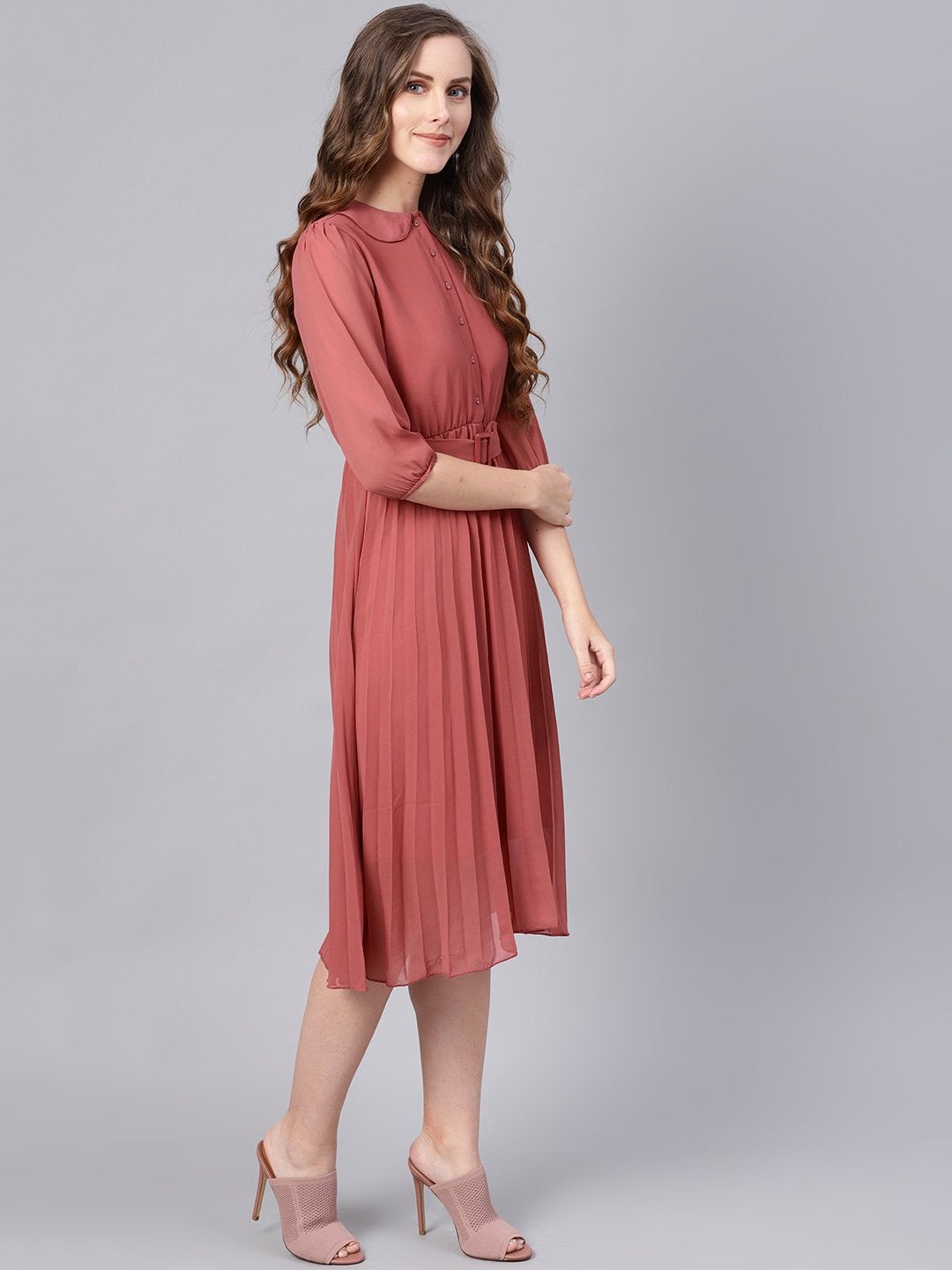 Women's Rose Pink Peterpan Belted Pleated Midi Dress