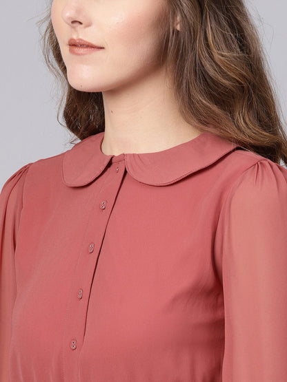 Women's Rose Pink Peterpan Belted Pleated Midi Dress
