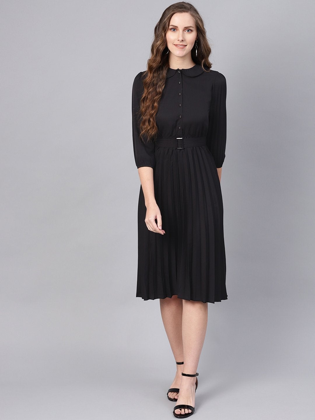 Women's Black Peterpan Belted Pleated Midi Dress