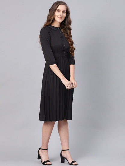 Women's Black Peterpan Belted Pleated Midi Dress