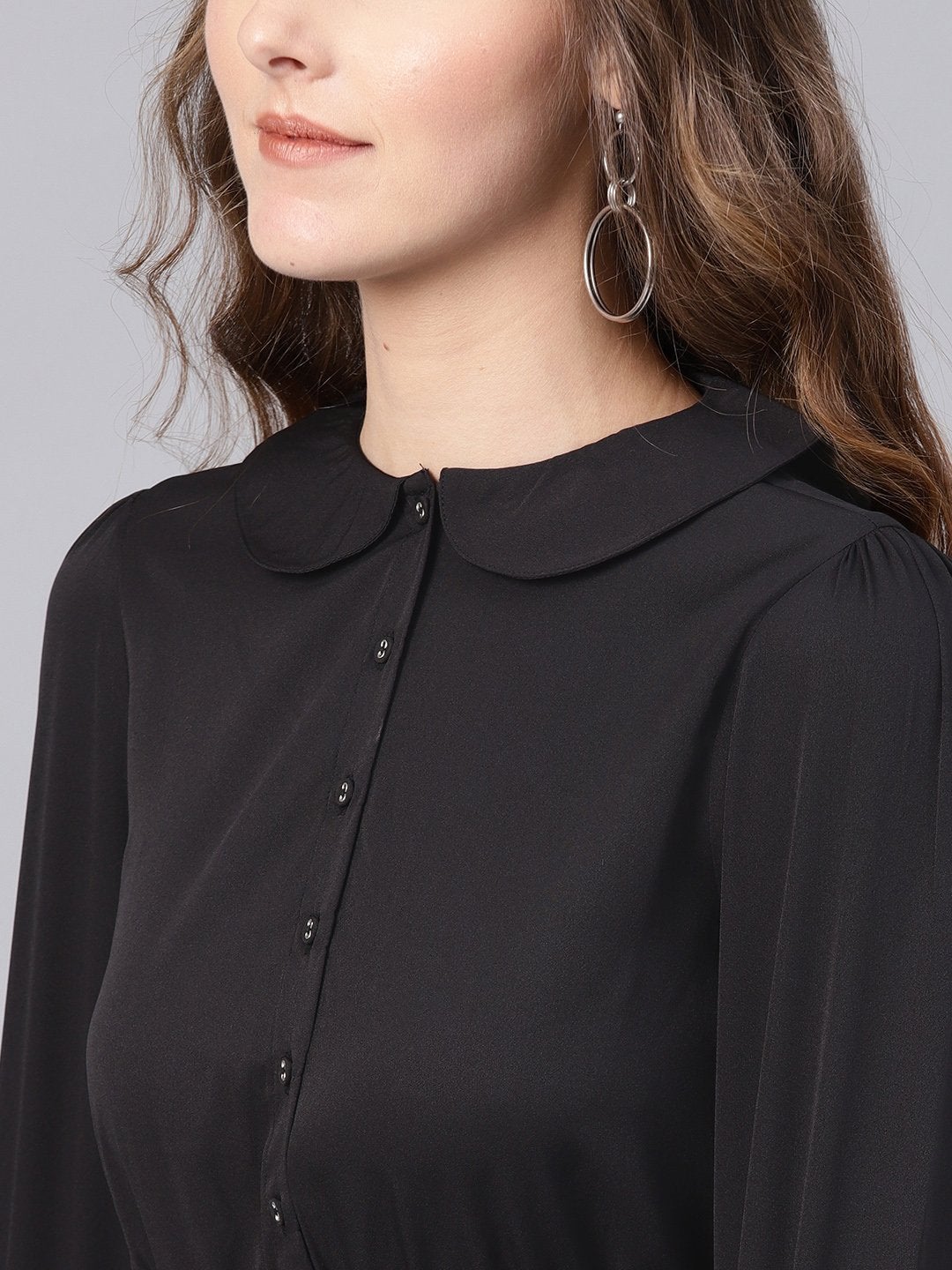 Women's Black Peterpan Belted Pleated Midi Dress