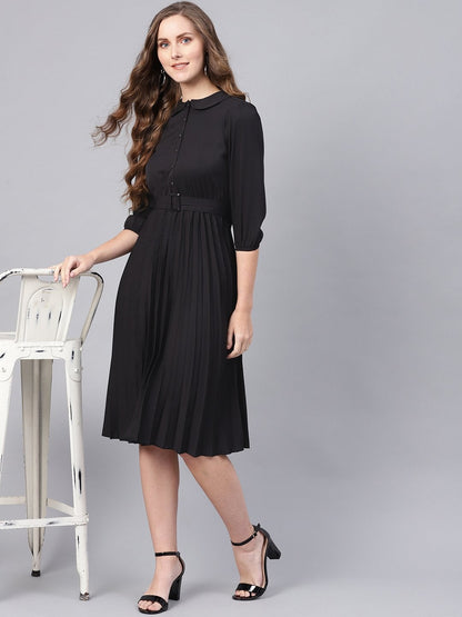 Women's Black Peterpan Belted Pleated Midi Dress