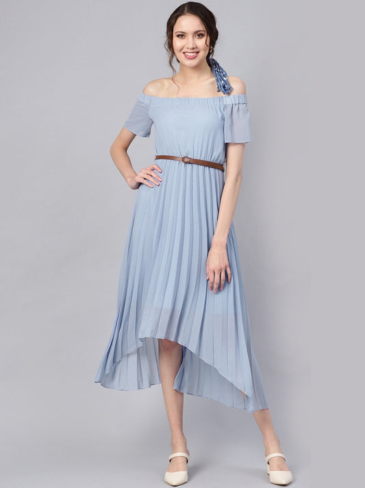 Women's Blue Off Shoulder High Low Belted Pleated Dress