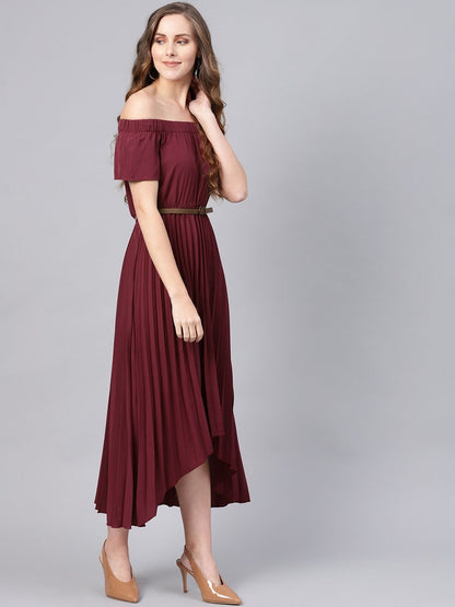 Women's Burgundy Off Shoulder High Low Belted Pleated Dress